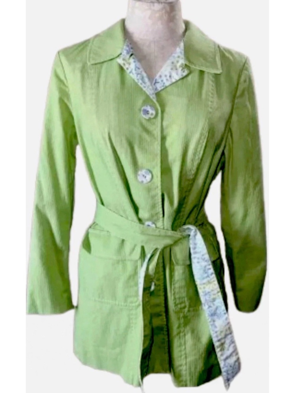 Sigrid Olsen Lime Green Cotton Trench Coat Floral Lined Belted Sz Medium Petite